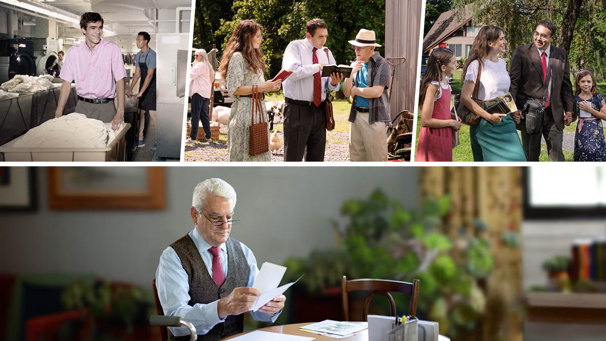 Collage: Een broeder die in verschillende fases van zijn leven zijn best doet voor Jehovah. 1. Als jonge man werkt hij in de wasserij op Bethel. 2. Later pioniert hij met zijn vrouw. 3. Samen met zijn vrouw en twee dochters is hij in de dienst. 4. Nu hij oud is, geeft hij getuigenis door brieven te schrijven.