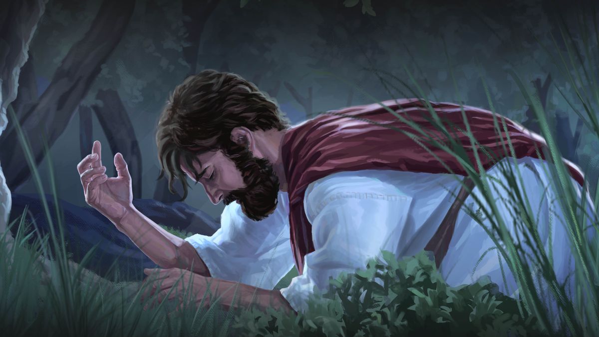Jezus bidt vurig in de hof van Gethsemané.