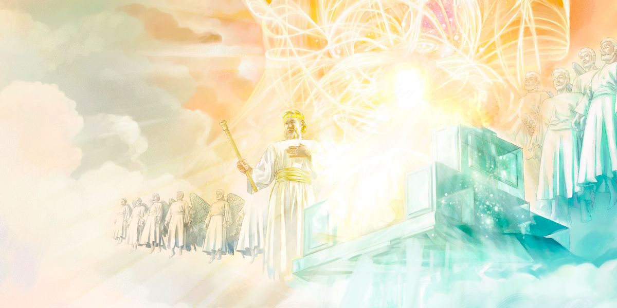 Jezus die aan de rechterkant van de indrukwekkende troon van Jehovah staat, omgeven door engelen