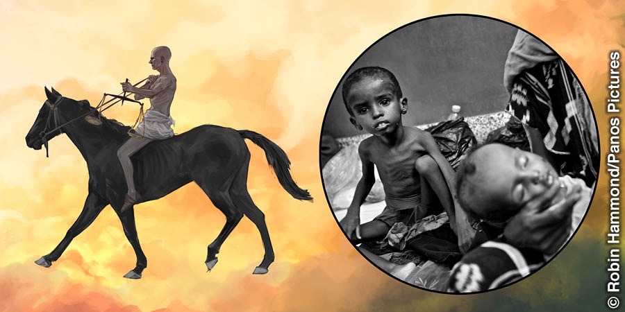 De ruiter op het zwarte paard die hongersnood afbeeldt