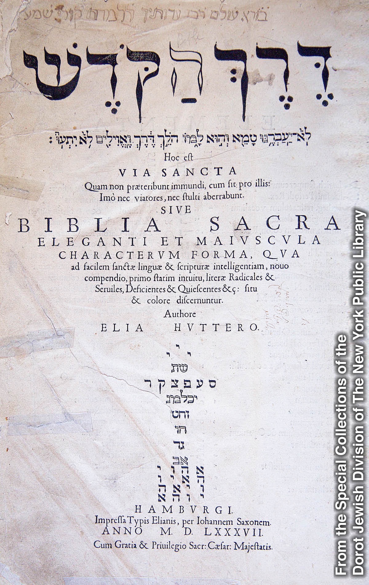 Titelpagina van Hutters Hebreeuwse Bijbel uit 1587