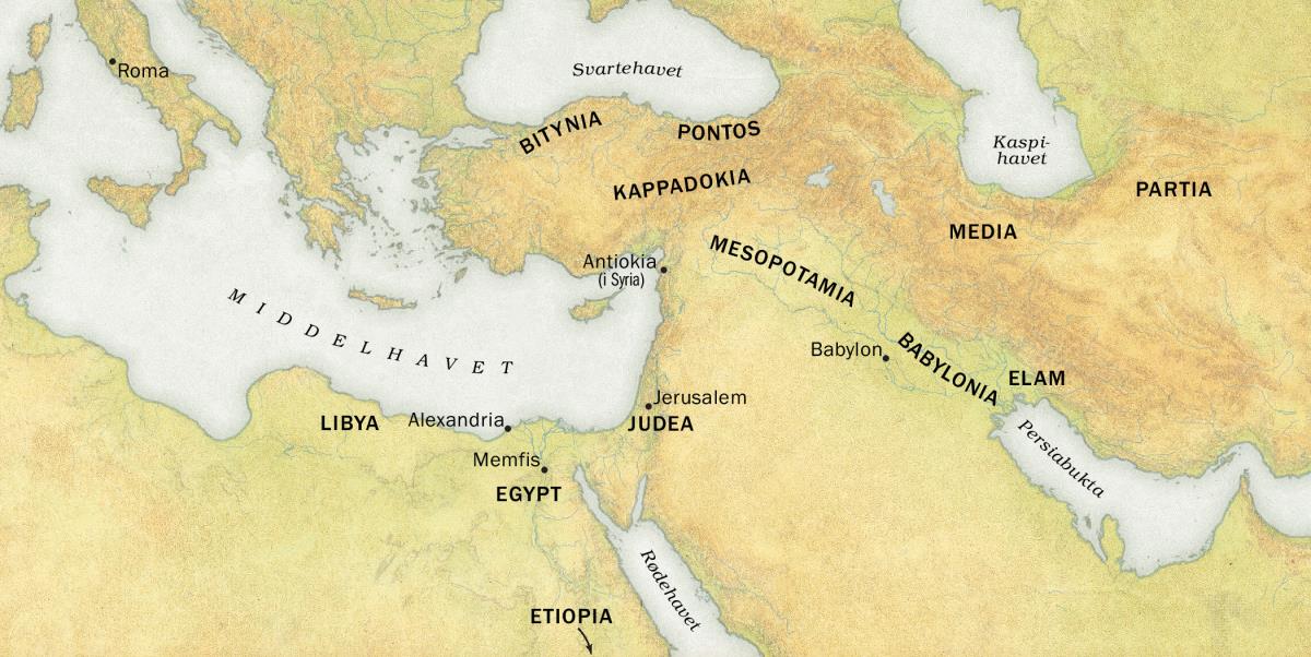 Et kart som viser hvor de som hørte det gode budskap på pinsedagen i år 33, kom fra. 1. Områder: Libya, Egypt, Etiopia, Bitynia, Pontos, Kappadokia, Judea, Mesopotamia, Babylonia, Elam, Media og Partia. 2. Byer: Roma, Alexandria, Memfis, Antiokia (i Syria), Jerusalem og Babylon. 3. Hav og sjøer: Middelhavet, Svartehavet, Rødehavet, Kaspihavet og Persiabukta.