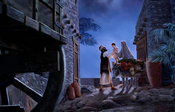 I ly av mørket rekker Josef lille Jesus til Maria mens de gjør seg klare til å reise