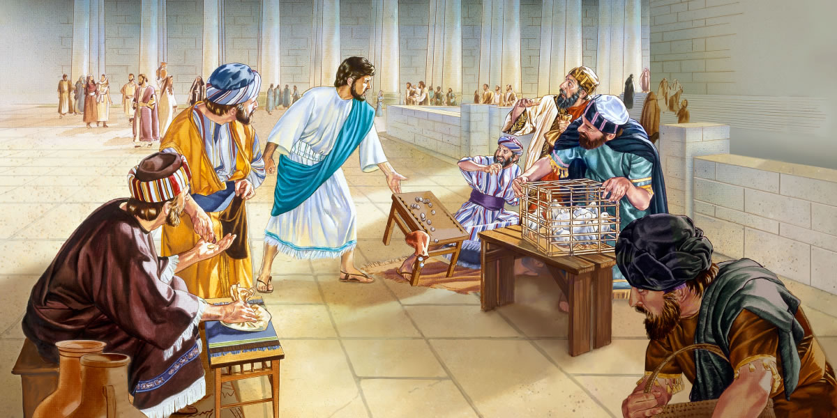 Jesus velter bordet til en pengeveksler