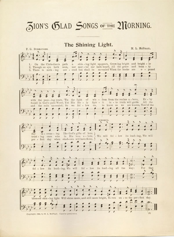 Noteark med sangtekster for sangen The Shining Light fra Zion’s Glad Songs of the Morning (Sions glade morgensanger), 1896