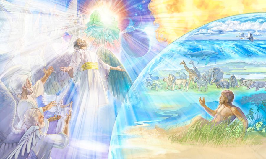 Fra sin himmelske trone ser Jehova på sine himmelske og jordiske skapninger