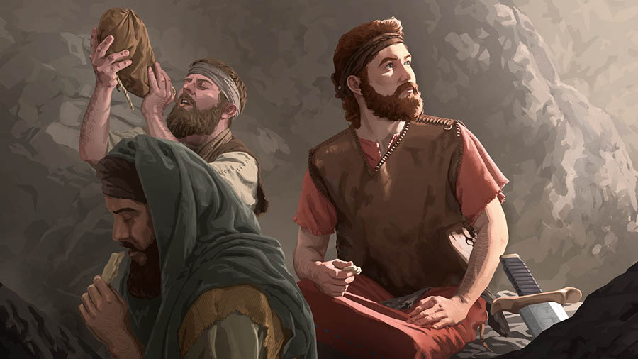David og noen av mennene hans spiser brød og drikker vann mens de gjemmer seg i en hule.