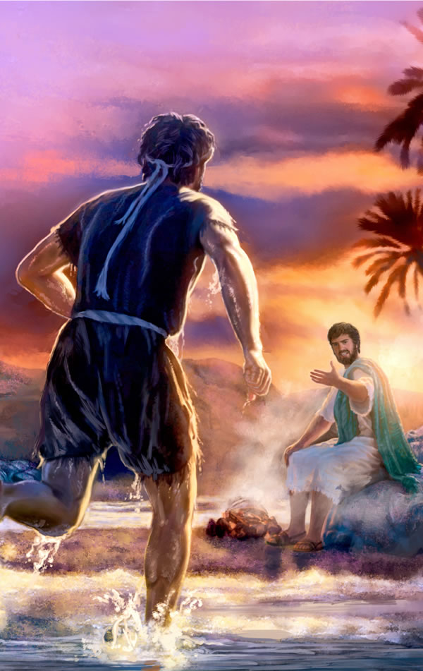 Pedro, kantu di laman, ta kore bai serka Hesus  Peter at the shore running to meet Jesus