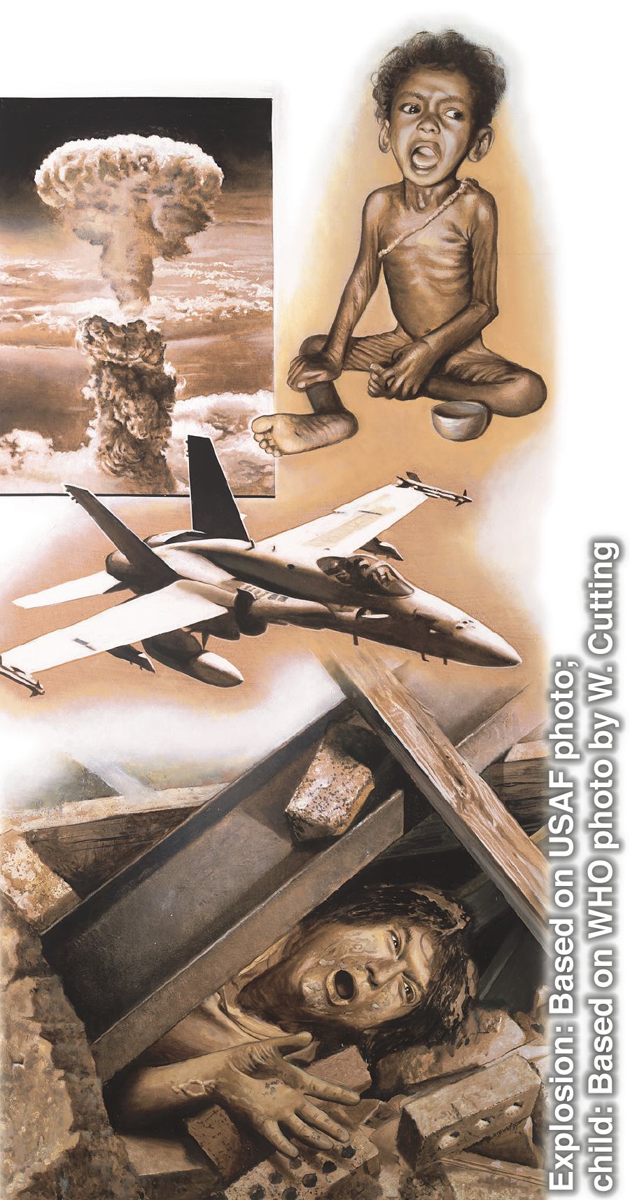 Dni ostatnie: wybuchająca bomba, głodne dziecko, samolot wojskowy, i człowiek pod gruzami po trzęsieniu ziemi