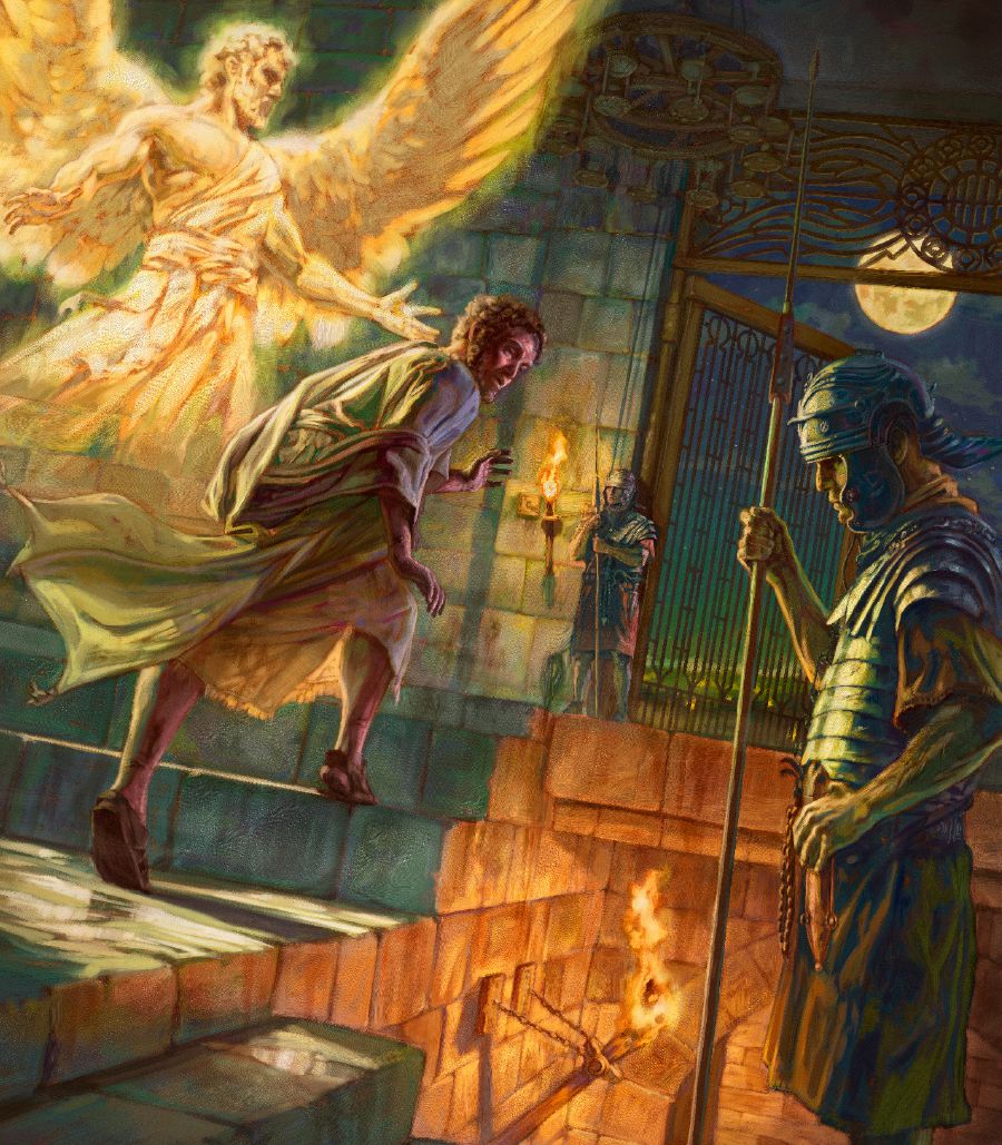 Piotr idzie za aniołem i mija wartowników pilnujących żelaznej bramy wychodzącej na miasto.