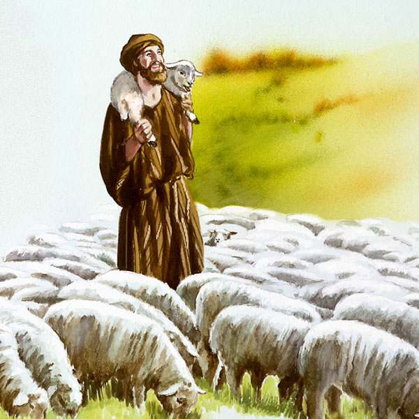 Pasterz cieszy się ze znalezienia swojej zagubionej owcy i niesie ją na swoich ramionach