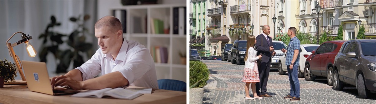 Kolaż: Sceny z filmu „Piłka nożna była sensem mojego życia” 1. Andriej wznawia studium Biblii. 2. Andriej głosi razem ze swoją córką.