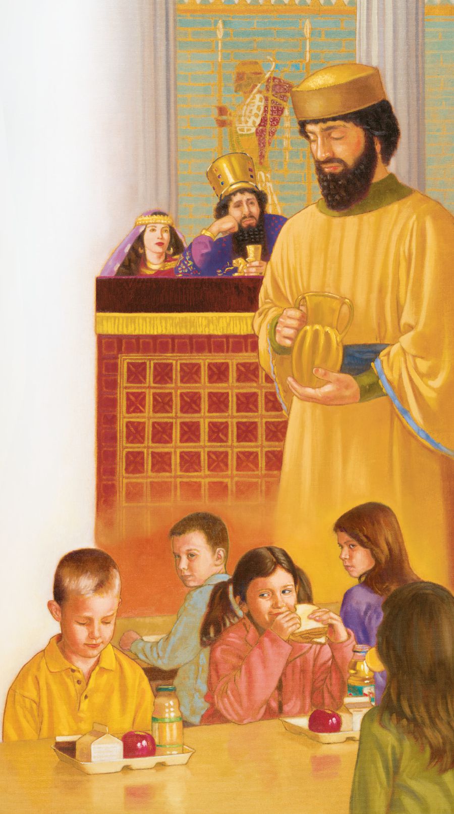 Nehemiasz modli się w myślach; chłopiec w szkole modli się w myślach przed posiłkiem