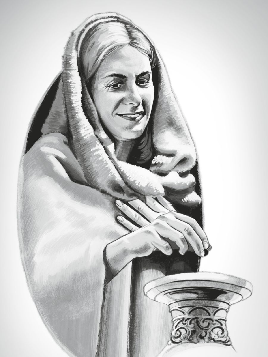 Uboga kobieta wrzuca dwie drobne monety do skarbony jako datek na świątynię