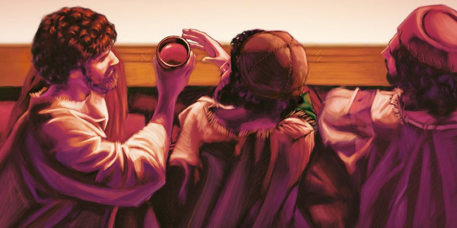 Jezus podaje czerwone wino apostołom