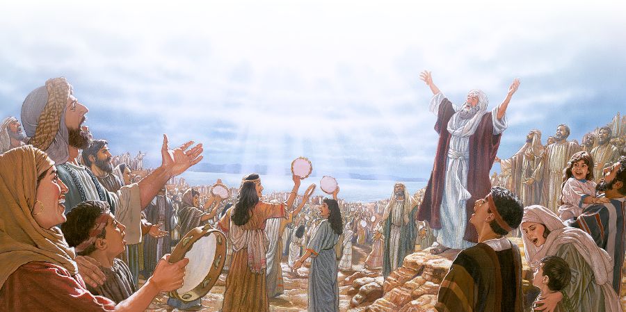 Mojżesz i inni Izraelici składają dzięki Jehowie