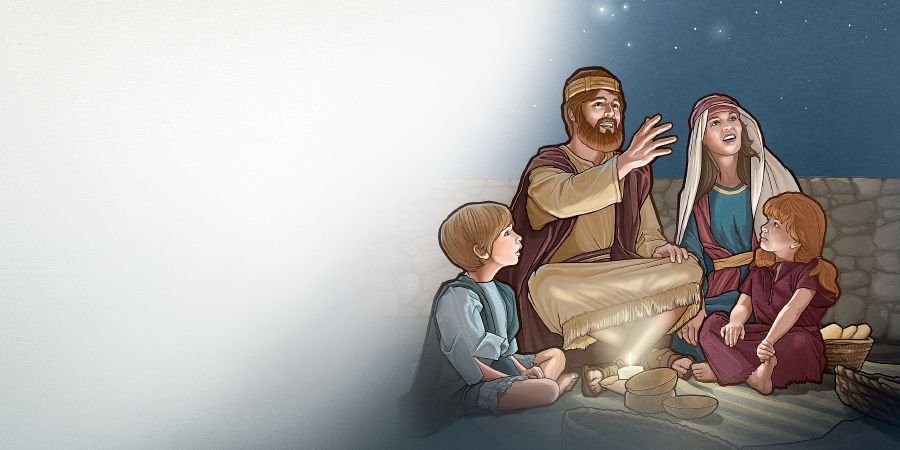 Rodzina z czasów biblijnych patrzy w rozgwieżdżone niebo