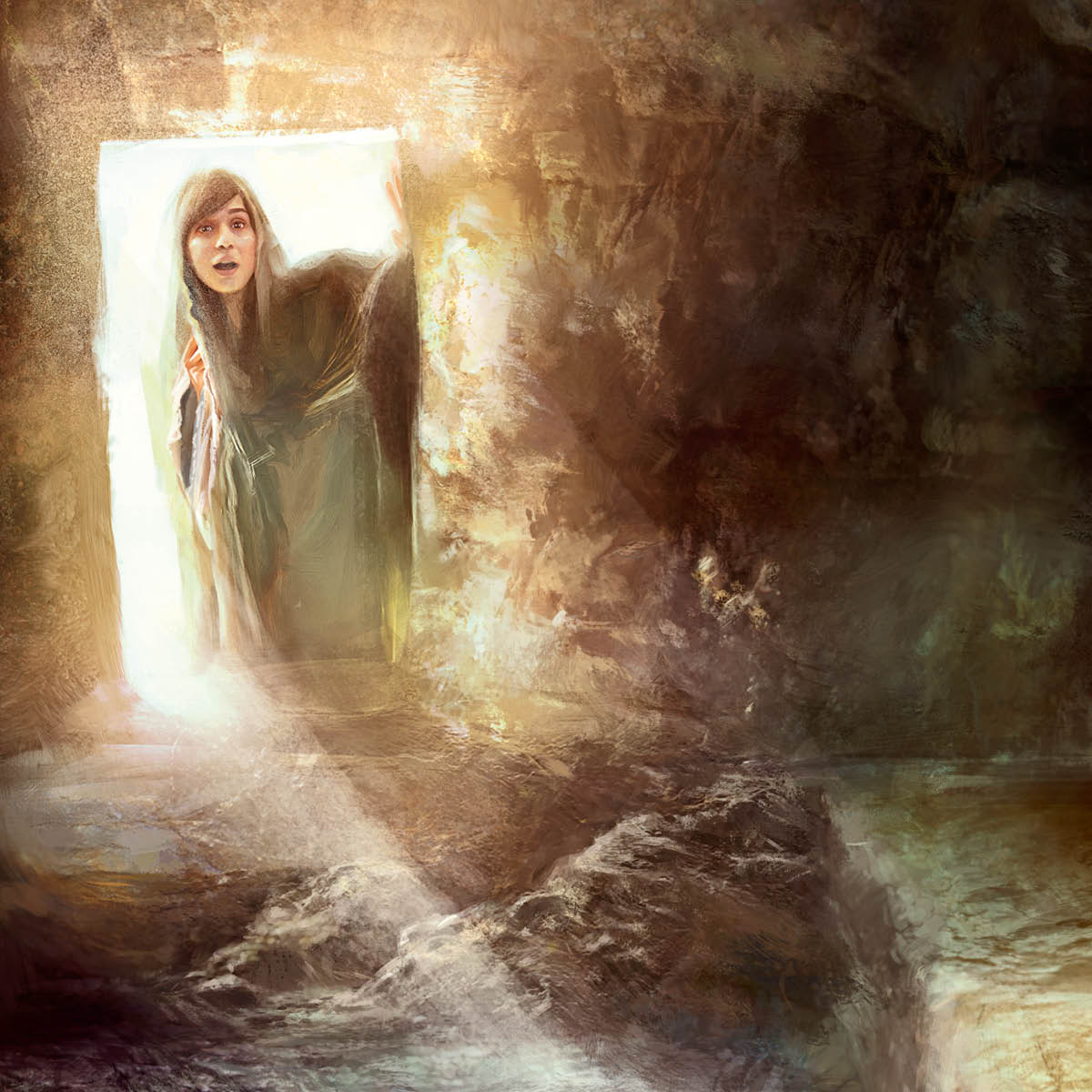 Maria Magdalena zagląda do pustego grobowca Jezusa.