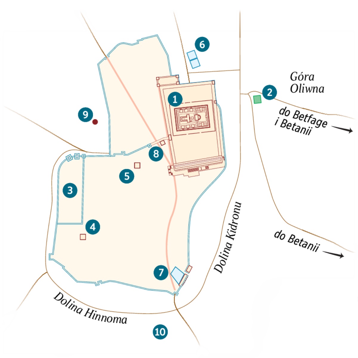 Mapa Jerolimy i okolic. Lokalizacja niektórych miejsc jest tylko przypuszczalna. 1. Świątynia. 2. Ogród Getsemani. 3. Rezydencja namiestnika. 4. Dom Kajfasza. 5. Pałac, w którym przebywał Herod Antypas. 6. Sadzawka Betzata. 7. Sadzawka Siloam. 8. Sala Sanhedrynu. 9. Golgota. 10. Akeldama.