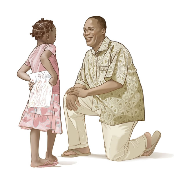 Córka przynosi ojcu rysunek, który namalowała dla niego