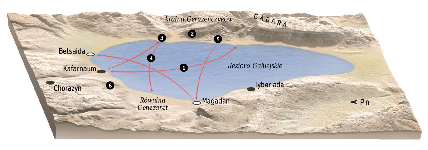 Mapa — miejsca związane ze służbą Jezusa w okolicach Jeziora Galilejskiego