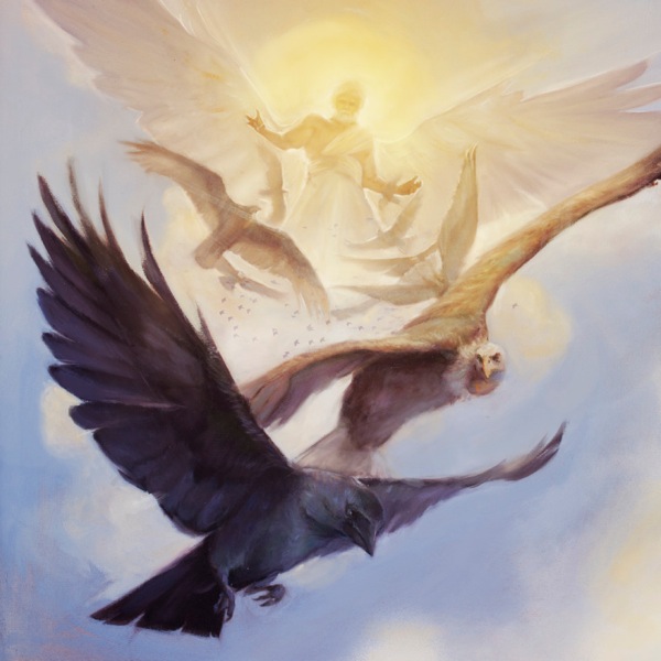 Anioł stojący w słońcu i ptaki latające po niebie