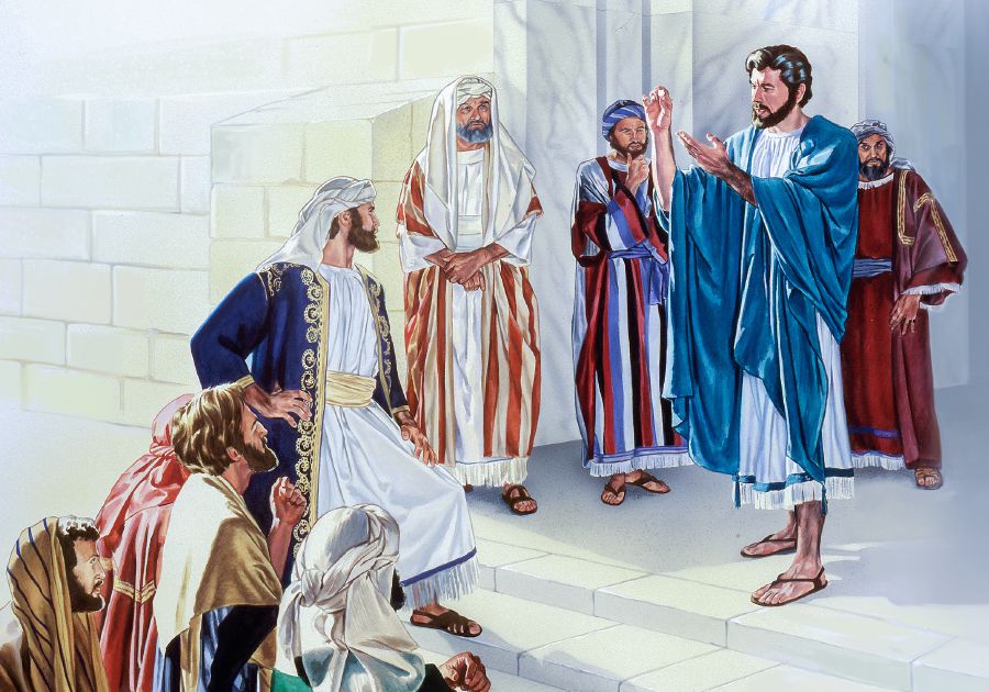Jezus trzyma monetę i odpowiada na podstępne pytania faryzeuszy
