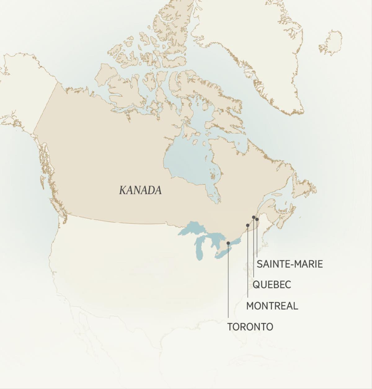 Mapa ukazująca kanadyjskie miasta, w których usługiwał Léonce Crépeault: Sainte-Marie, Quebec, Montreal i Toronto.