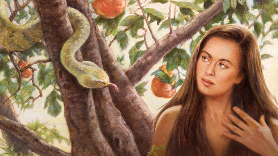 Ewa słucha Diabła, który mówi do niej za pośrednictwem wijącego się na drzewie węża.