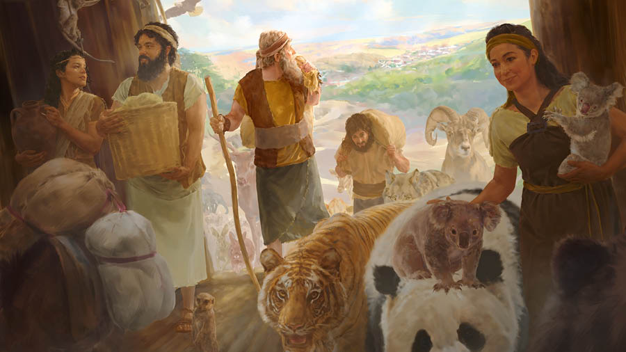 Noe i jego rodzina wchodzą do arki z różnymi zwierzętami i zapasami żywności.