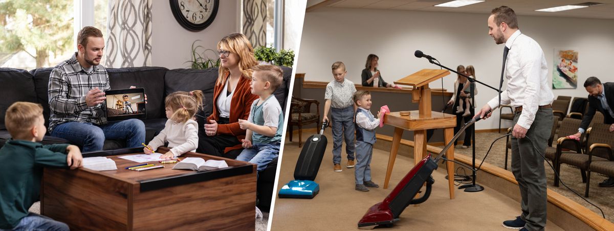 Kolaż: 1. Ojciec prowadzi rodzinne wielbienie z żoną i małymi dziećmi. Oglądają w serwisie jw.org wideo „Zostań przyjacielem Jehowy: Dbaj o dom Jehowy”. 2. Później ojciec razem z dwoma synami pomagają sprzątać Salę Królestwa. Ojciec ze starszym synem odkurzają, a młodszy ściera kurze.