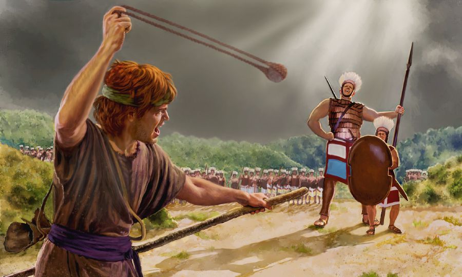 Dawid kręci procą nad głową i celuje w Goliata