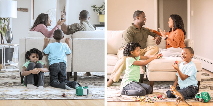 Un matrimonio discute y sus hijos están preocupados; toda la familia está feliz cuando sus miembros se tratan con bondad