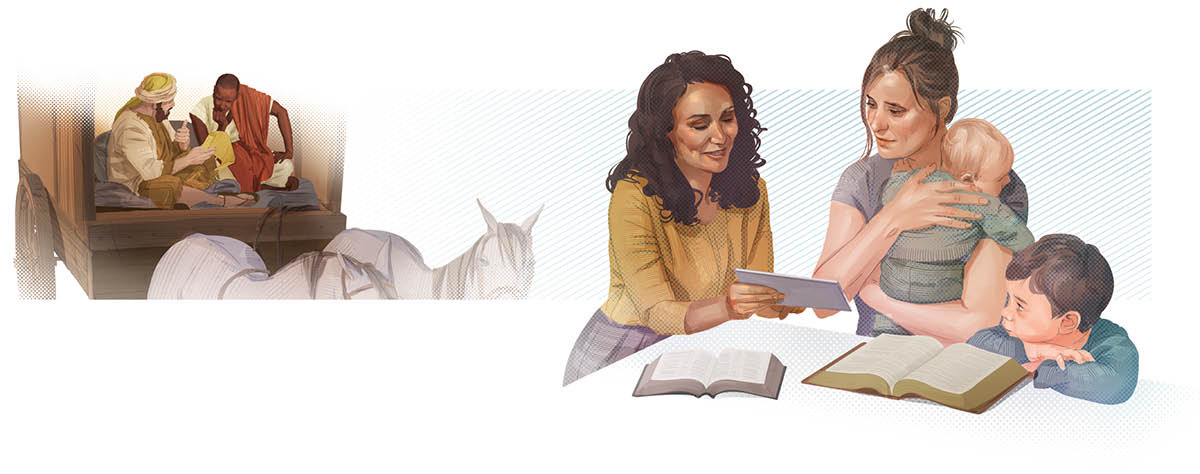 Conjunto de imagens: 1. O evangelizador Filipe explica as Escrituras a um homem etíope. 2. Uma Testemunha de Jeová conversa sobre a Bíblia com uma mulher e os seus dois filhos.