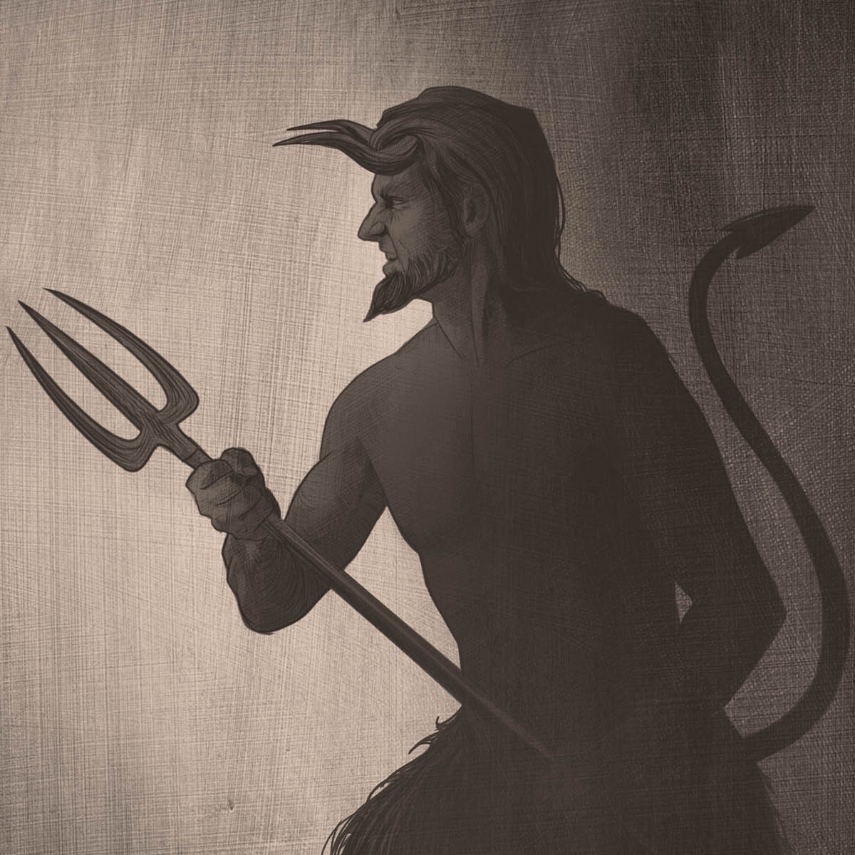 Uma representação popular do Diabo como sendo uma criatura que parece um bode, com chifres, rabo e um garfo.