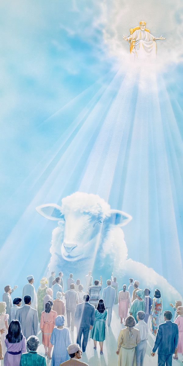 Jesus senta no seu trono glorioso e julga pessoas fiéis como ovelhas
