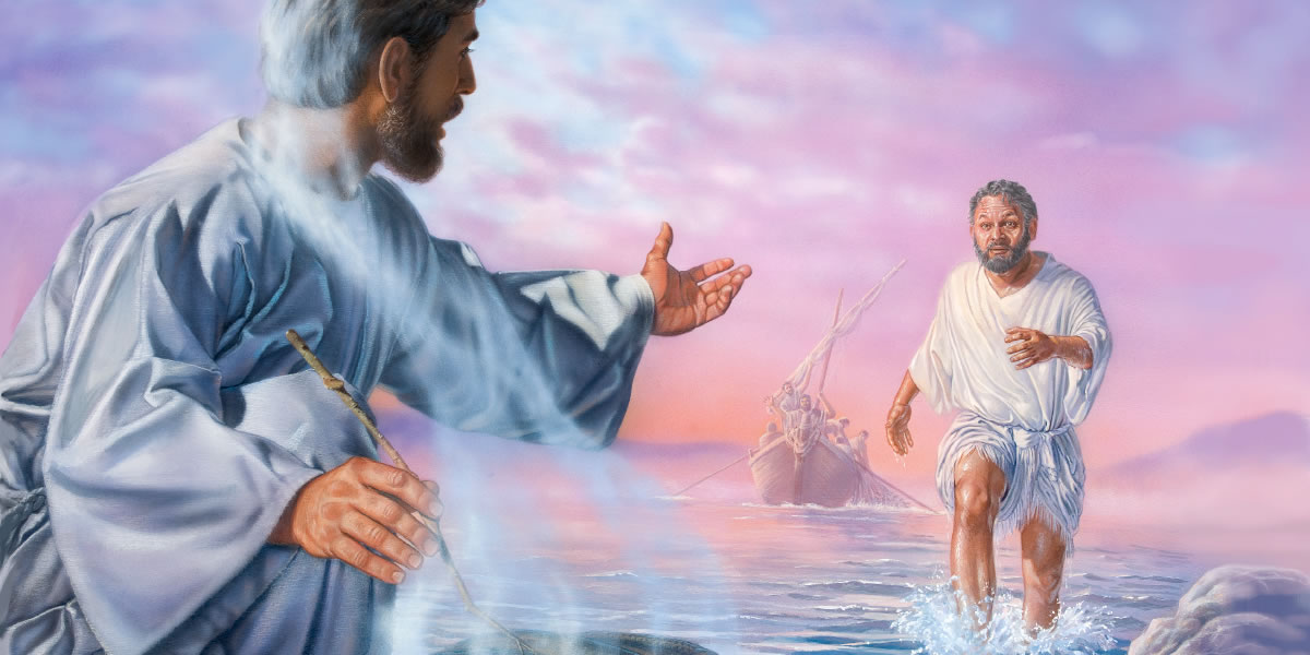 Pedro encontra Jesus às margens do mar, enquanto os outros apóstolos o seguem num barco