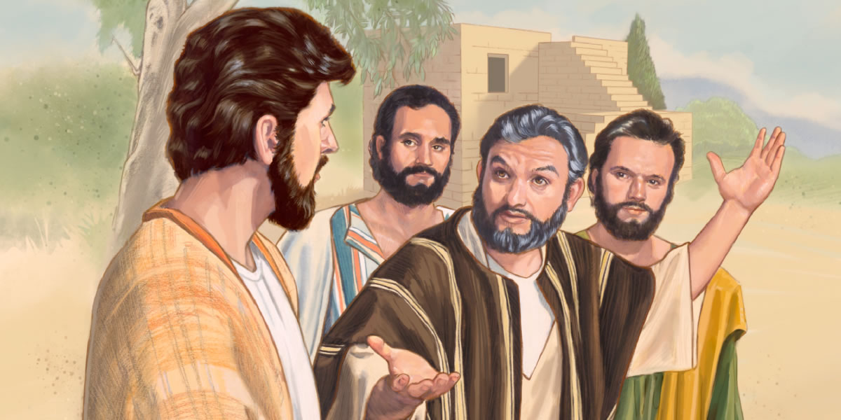Pedro fala com Jesus e os outros apóstolos observam