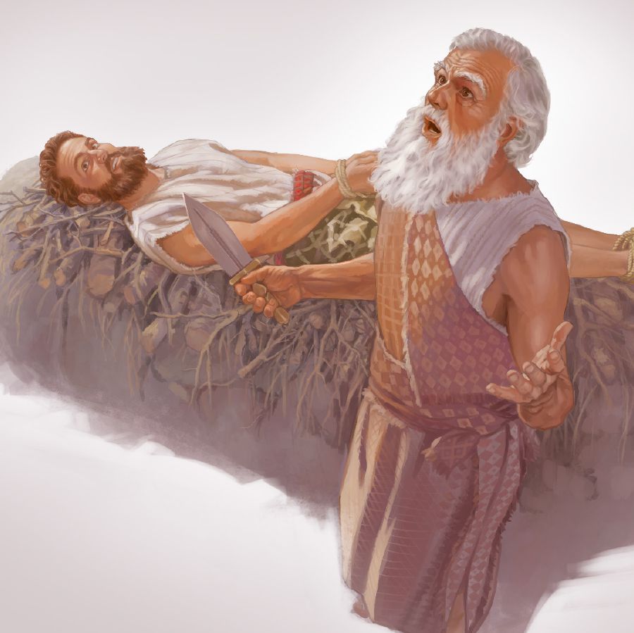 Isaque amarrado em cima do altar e Abraão segurando uma faca