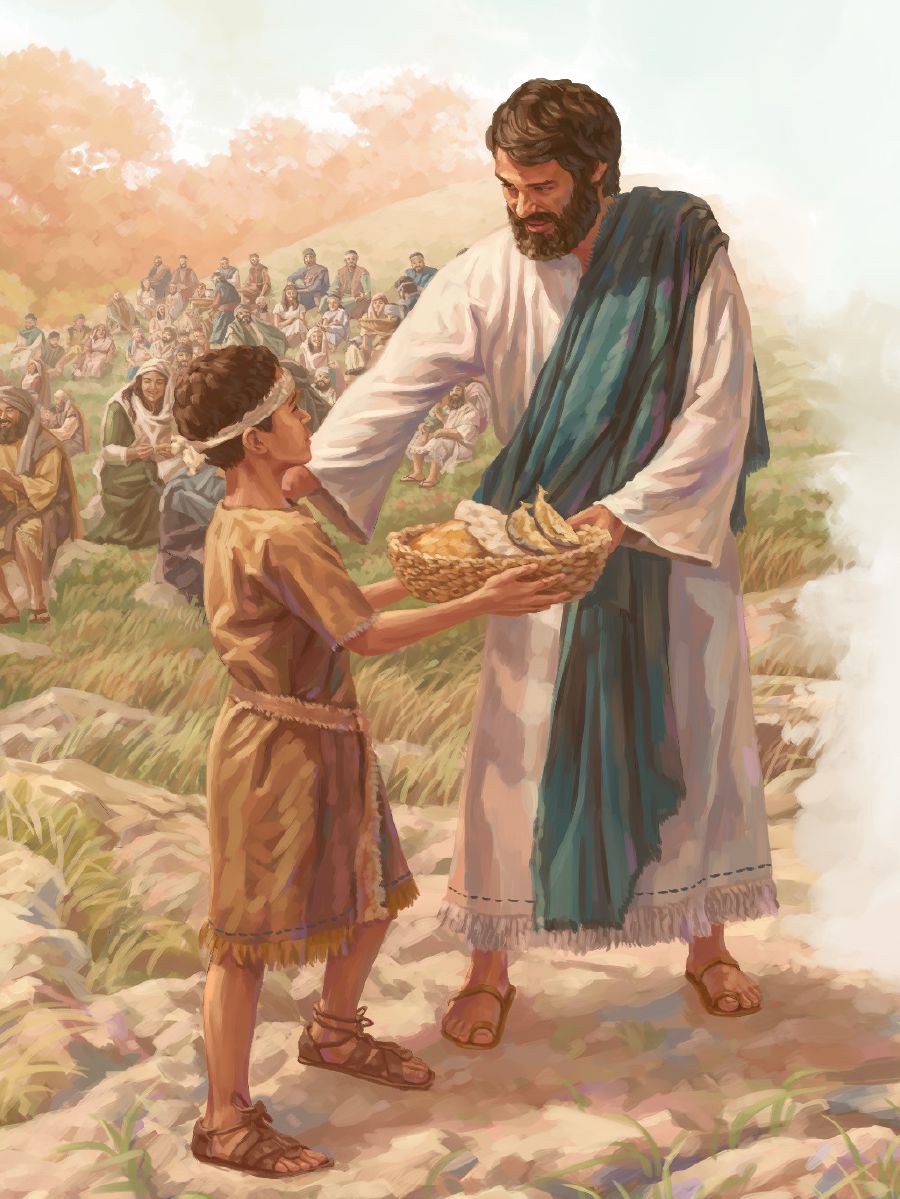 Um menino dá para Jesus uma cesta com pães e peixes