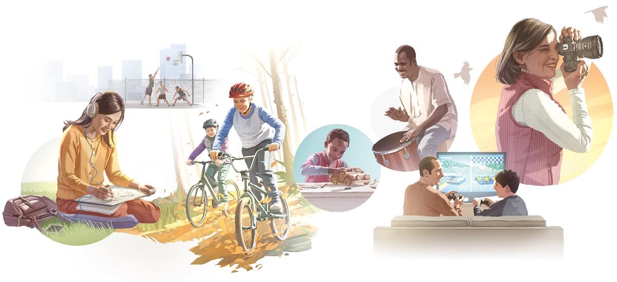 Conjunto de imagens: Pessoas de todas as idades se divertindo com várias coisas boas. 1. Uma menina escutando música e desenhando. 2. Três rapazes jogando basquete. 3. Dois meninos andando de bicicleta. 4. Um menino montando um carrinho de brinquedo. 5. Um homem tocando bateria. 6. Um menino jogando videogame com o pai. 7. Uma mulher tirando uma fotografia.