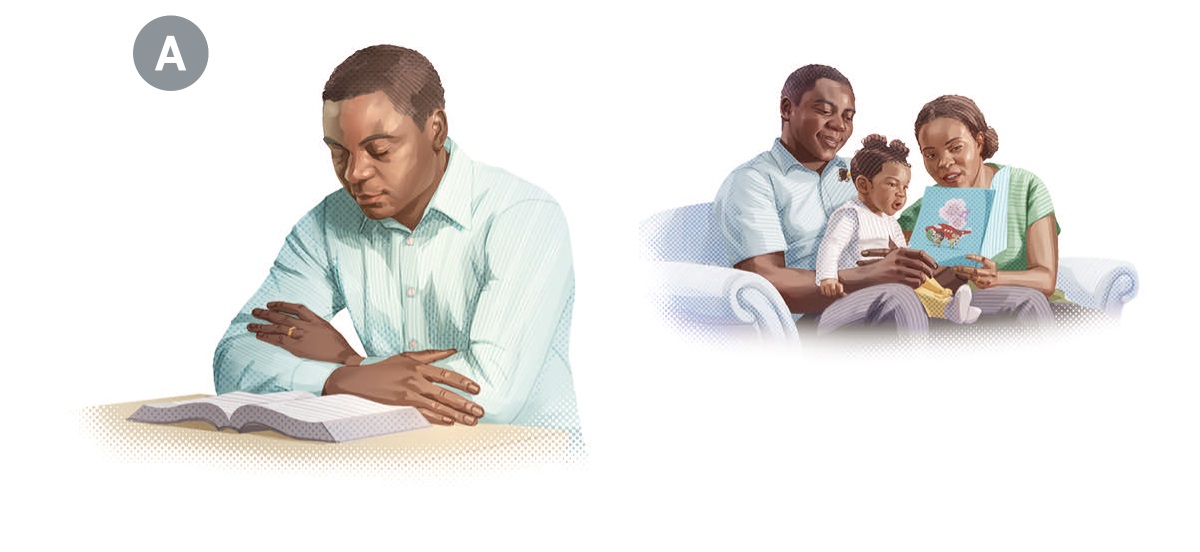 A. Conjunto de imagens: Um ancião cuidando tanto da sua própria espiritualidade como a da sua família. 1. Ele faz uma oração antes de estudar a Bíblia. 2. Ele estuda a Bíblia com sua filhinha com a ajuda da esposa.