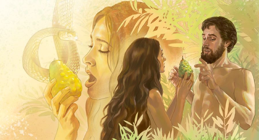 Eva come o fruto proibido e o dá a Adão