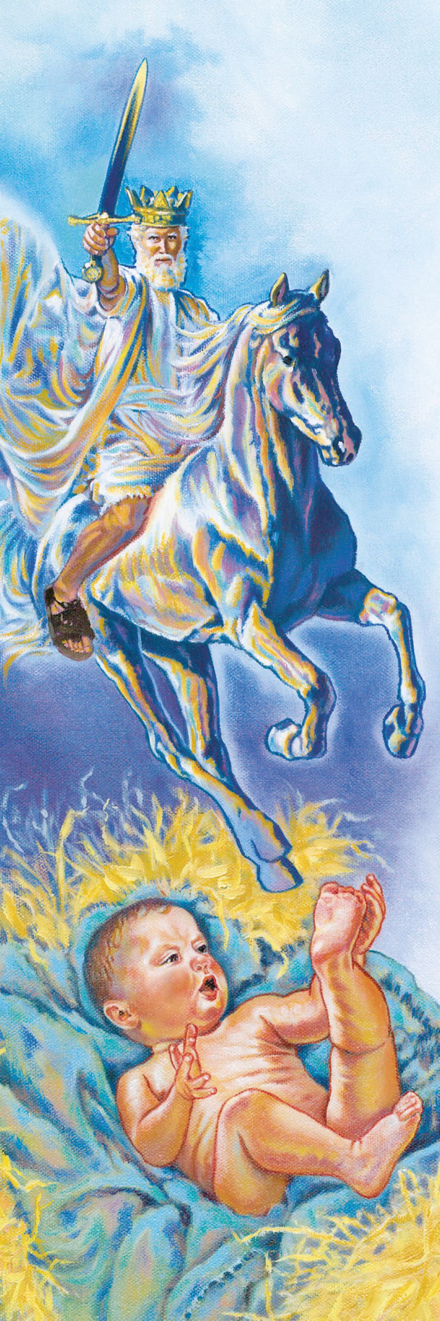 Jesus como um Rei Guerreiro no céu e como um bebê na mangedoura