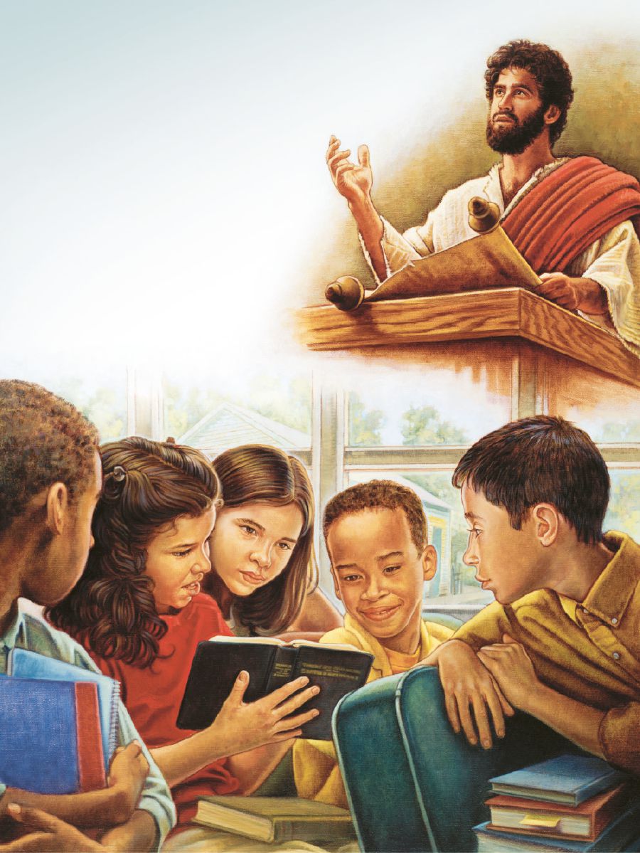 Jesus lê o que está escrito em um rolo; uma menina mostra a seus colegas o nome de Deus na Bíblia