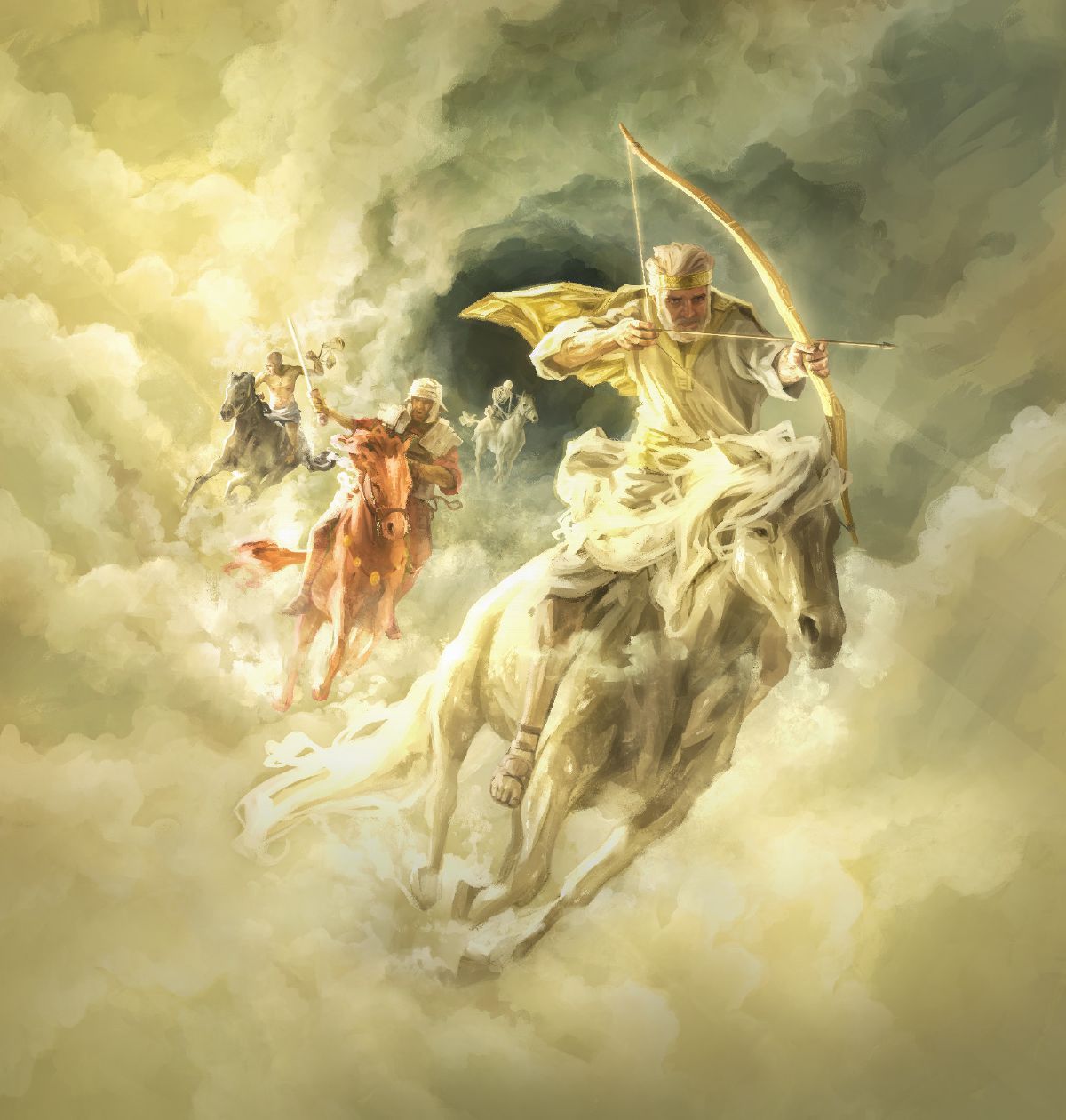 Jesus, com um arco e flecha nas mãos, cavalgando num cavalo branco. Em seguida vem um cavalo cor de fogo, um cavalo preto e um cavalo descorado
