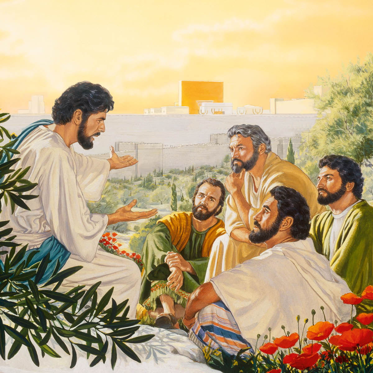 Jesus conversando com alguns de seus apóstolos no monte das Oliveiras. Ao fundo, é possível ver o templo.