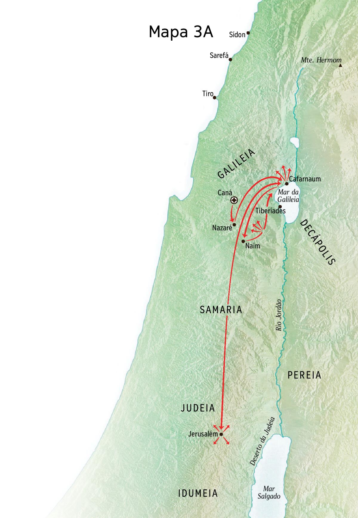 Mapa de lugares relacionados ao ministério de Jesus na região da Galileia, Fenícia e Decápolis