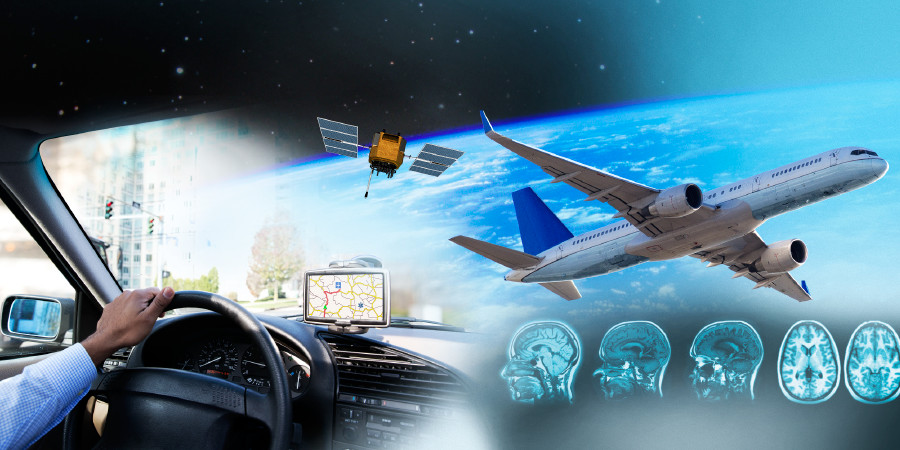 Avanços científicos como carros, GPS, satélites, aviões e tomografias do cérebro