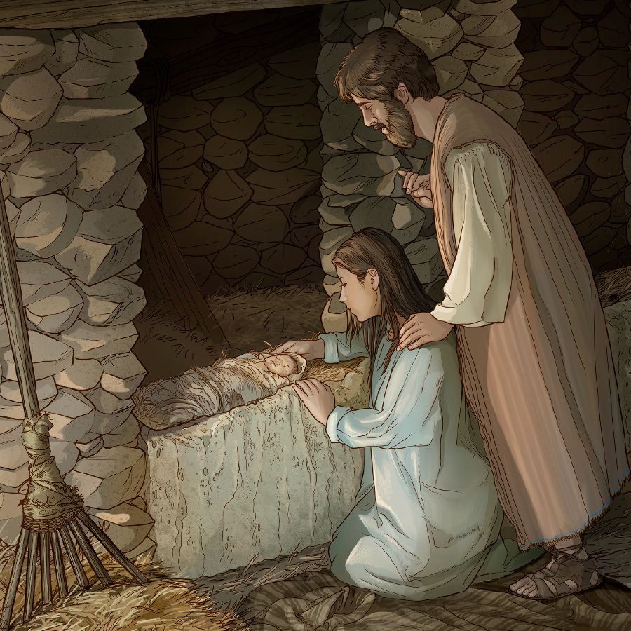 Maria e José ao lado da manjedoura onde o bebê Jesus está deitado